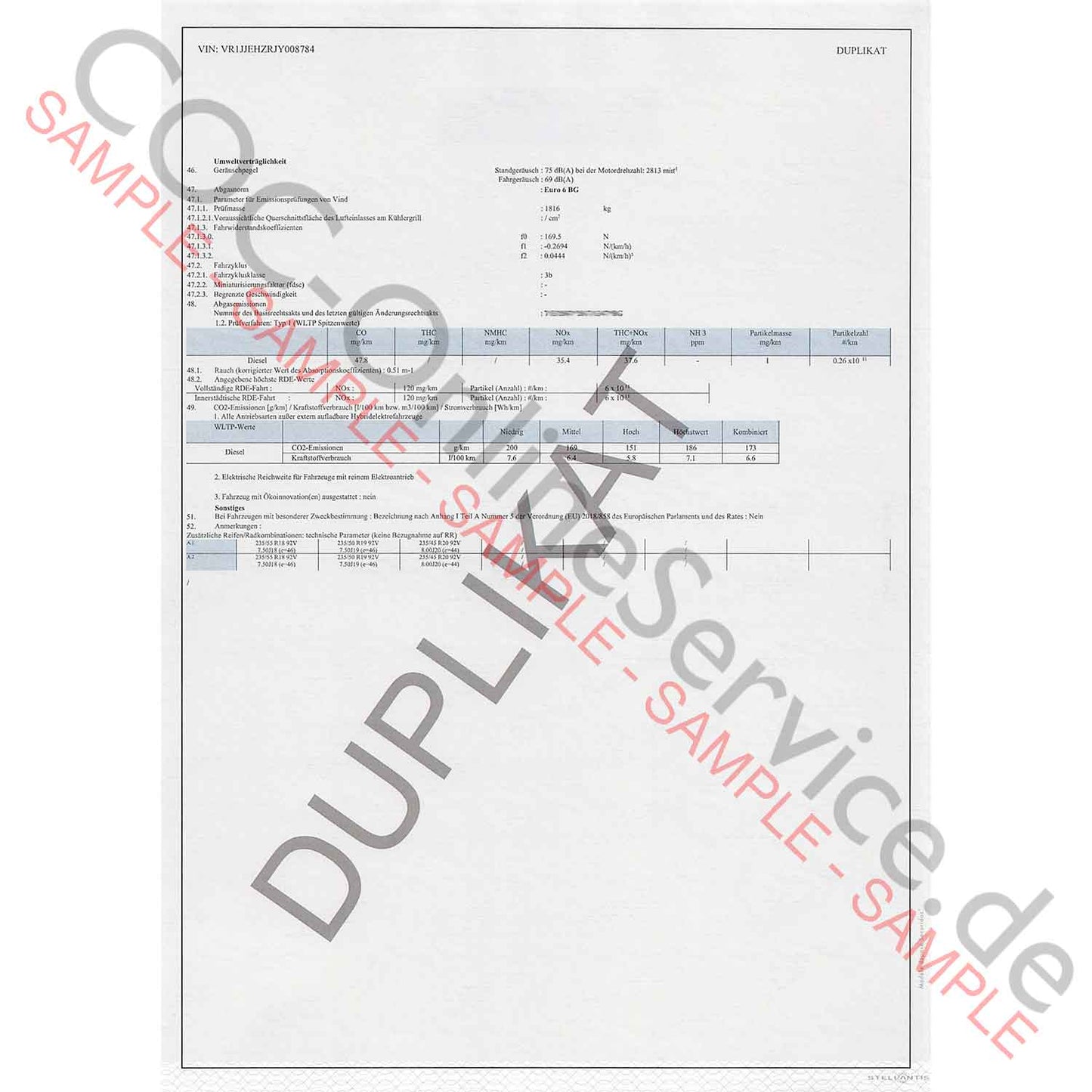COC-dokumenter til DS Automobiles (Certificate of Conformity)