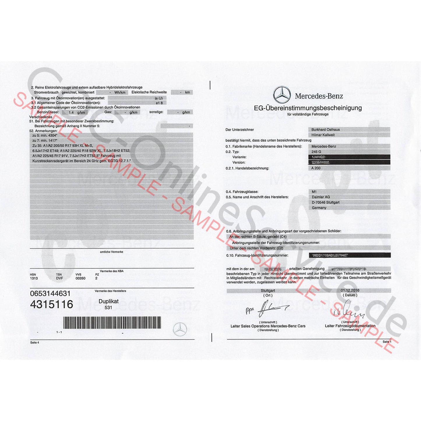 Papier COC dla Mercedes-Benz (Certyfikat zgodności)