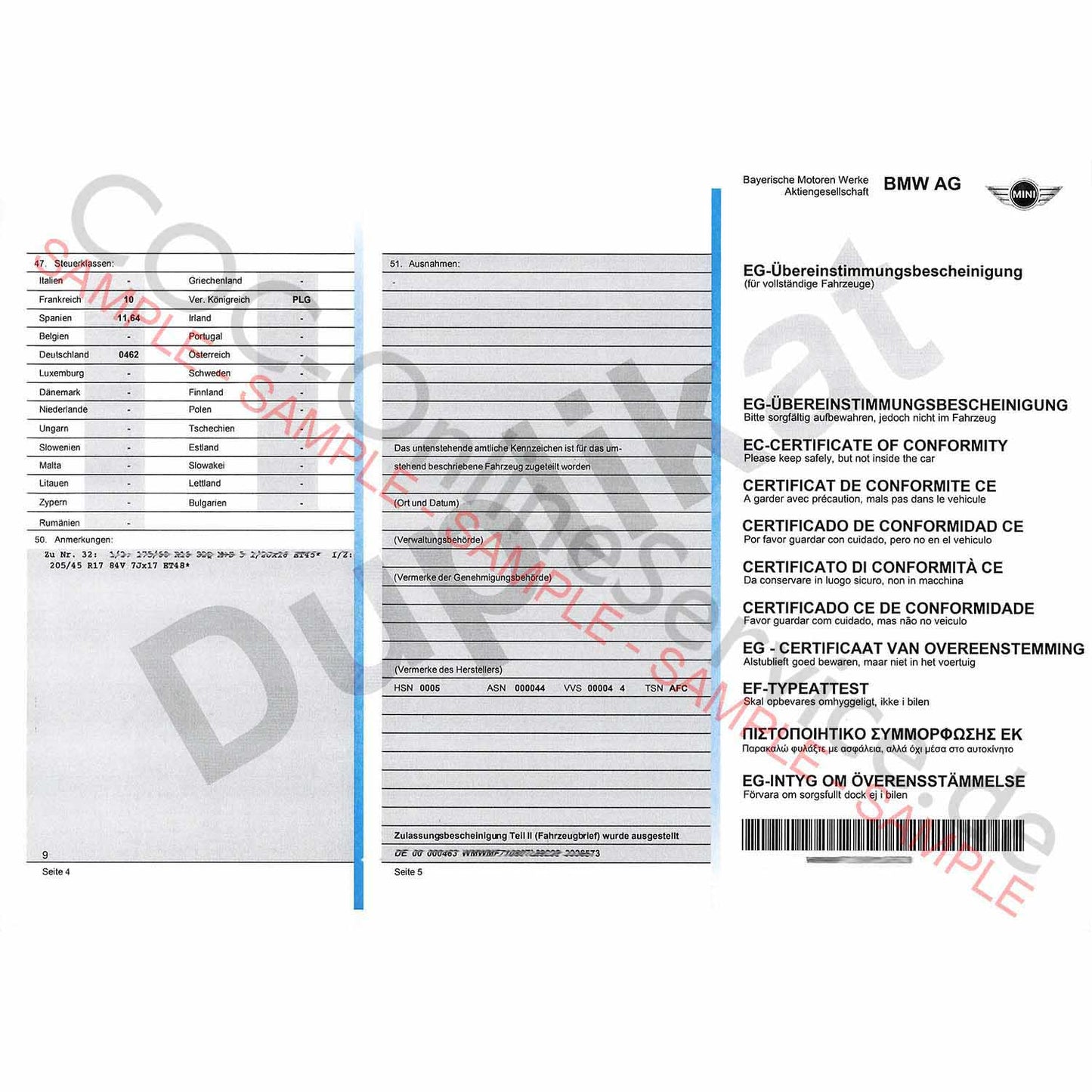 COC dokumenty pre MINI (Certificate of Conformity)