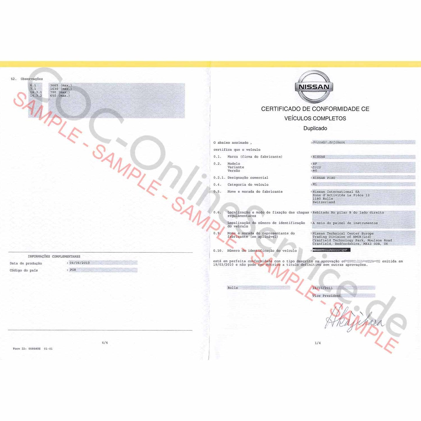 COC-dokument för Nissan (Certificate of Conformity)