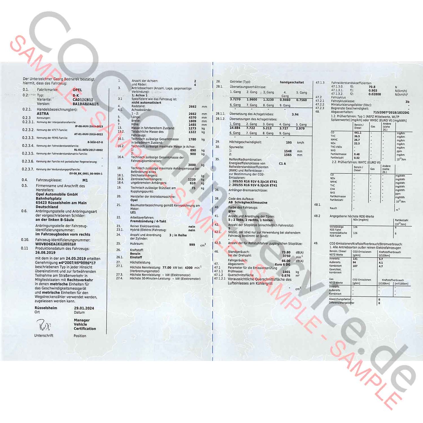 COC-asiakirjat Opeliin (Certificate of Conformity)