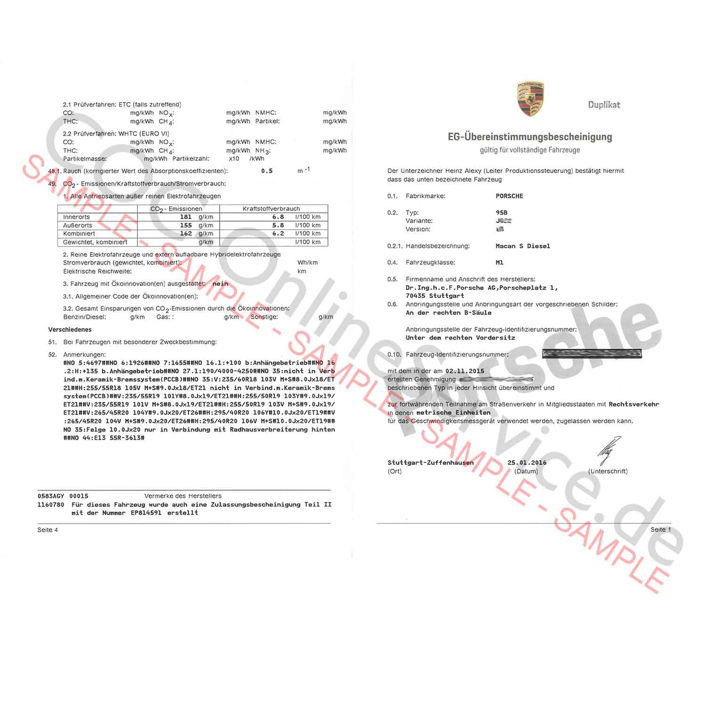 COC-dokument för Porsche (Certifikat om överensstämmelse)