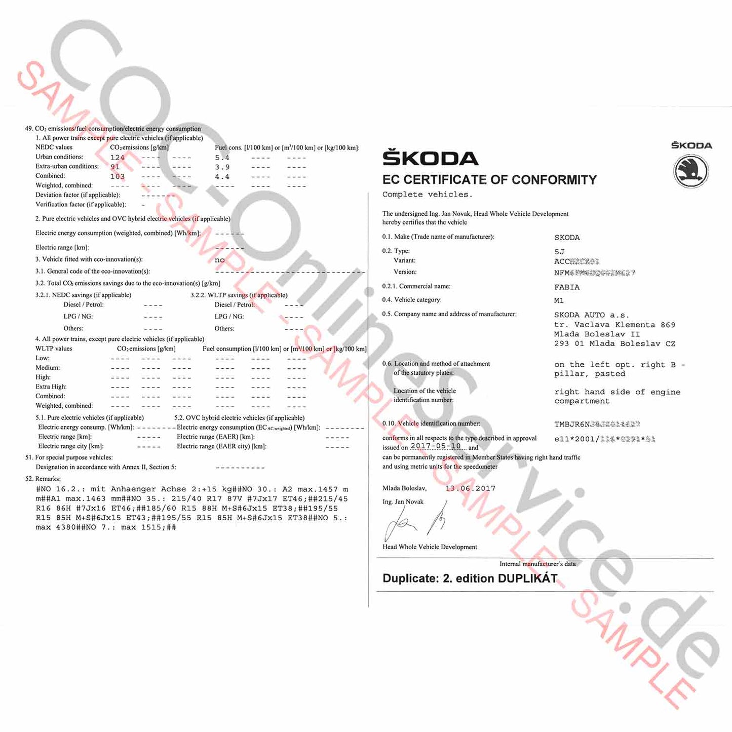 COC dokumenty pre Škoda (Certificate of Conformity)