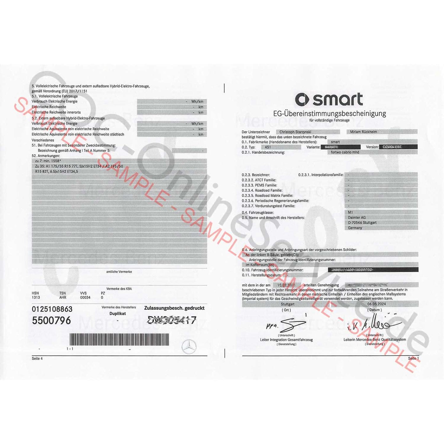 COC Papiere für Smart (Certificate of Conformity)