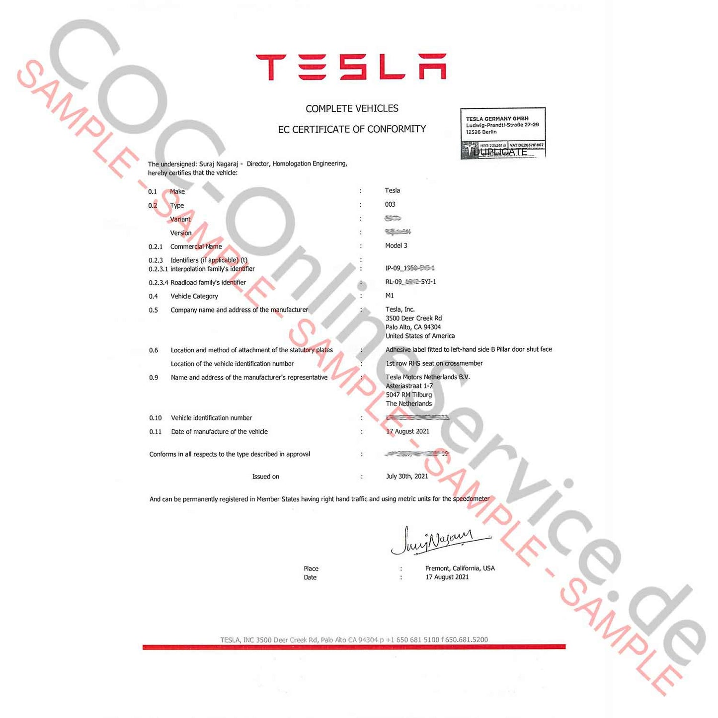 Documents COC pour Tesla (Certificate of Conformity)