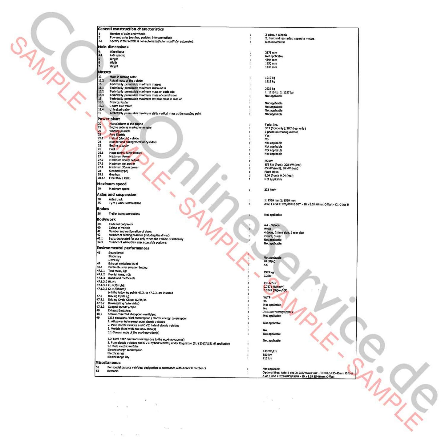 Documents COC pour Tesla (Certificate of Conformity)