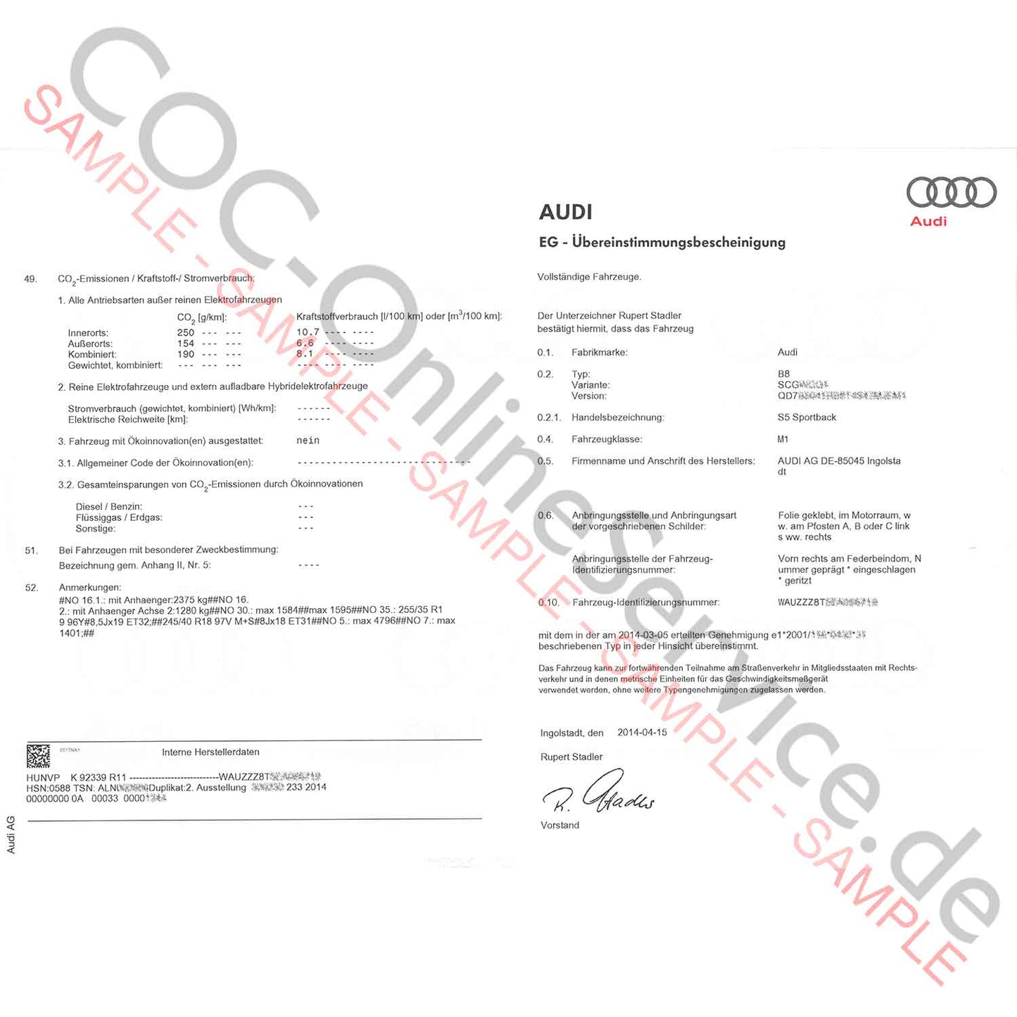 Documento COC per Audi (Certificato di Conformità)