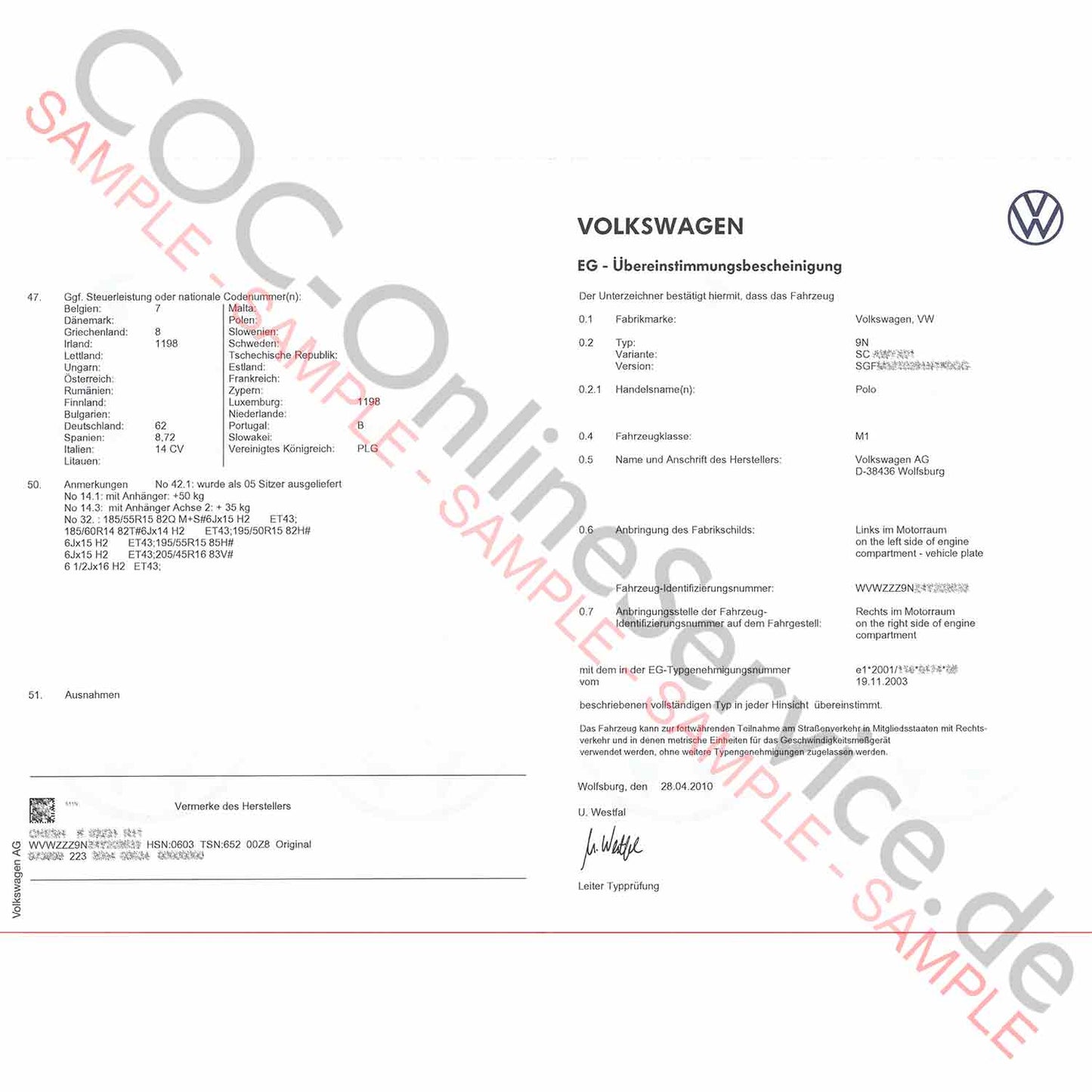 COC document for VW Volkswagen (Certificate of Conformity)